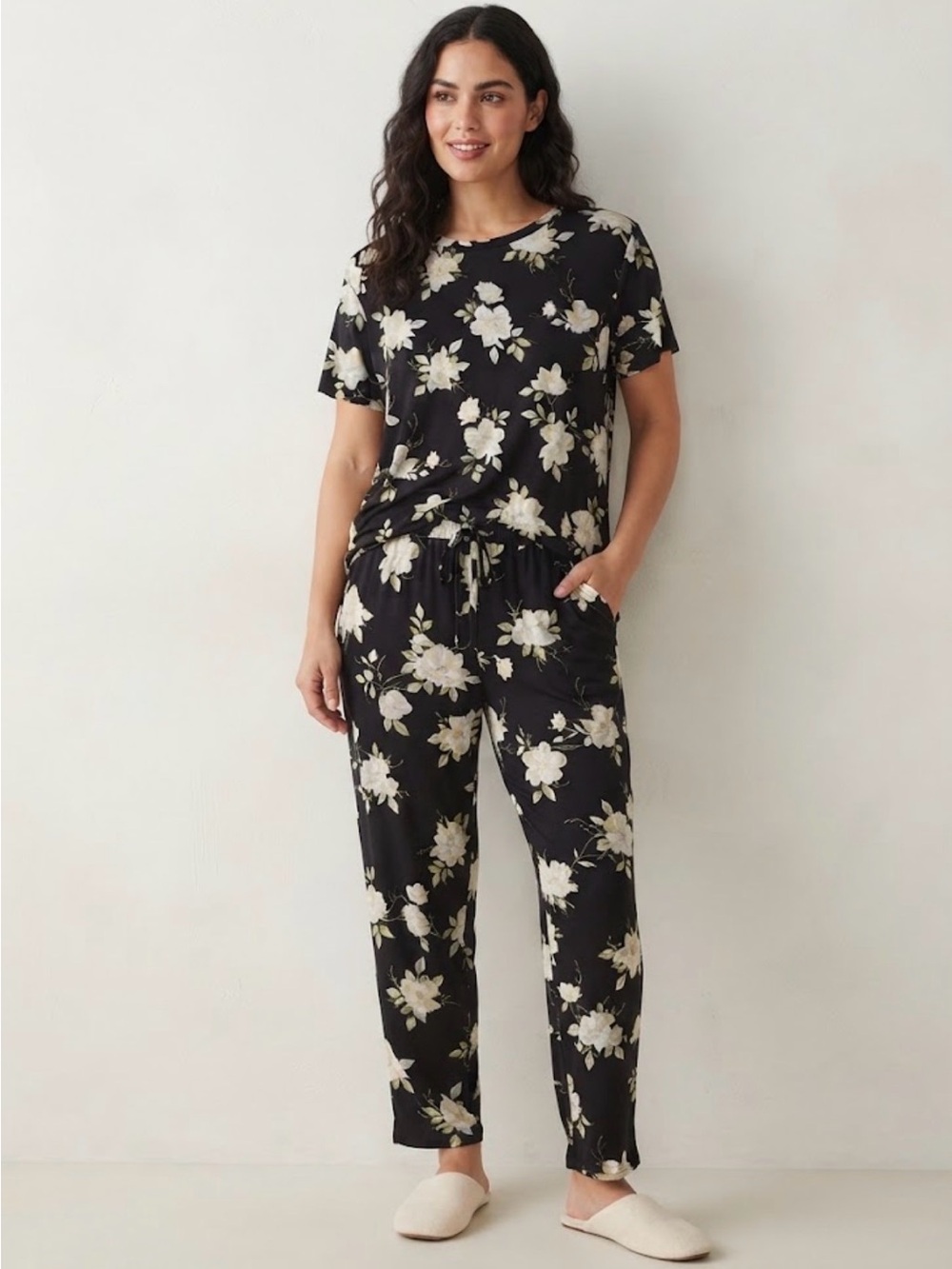 Flora Nikrooz L Black White Floral Pajama Set Pockets Lounge